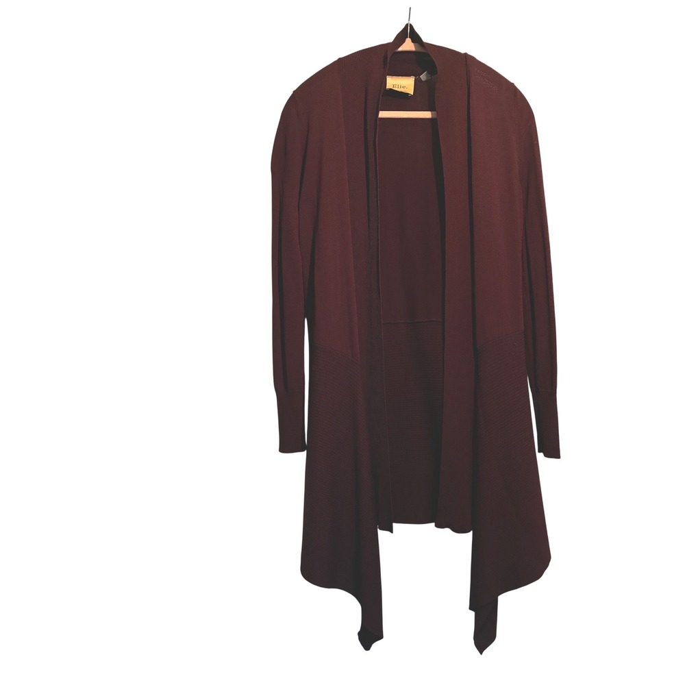 Elie Tahari Burgundy Ribbed Draped Open Front Waterfall Cardigan S Office Wear